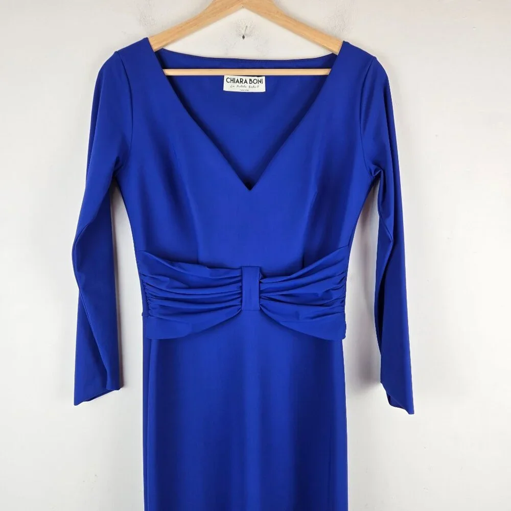 Chiara Boni Maxi Gown Womens 44 US 8 Cobalt Blue V-neck‎ Stretch Event Formal